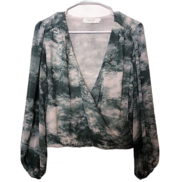 ASTR‎ The Label Green White Faux Wrap Flowy Balloon Sleeve Blouse Womens Size S - Picture 1 of 8